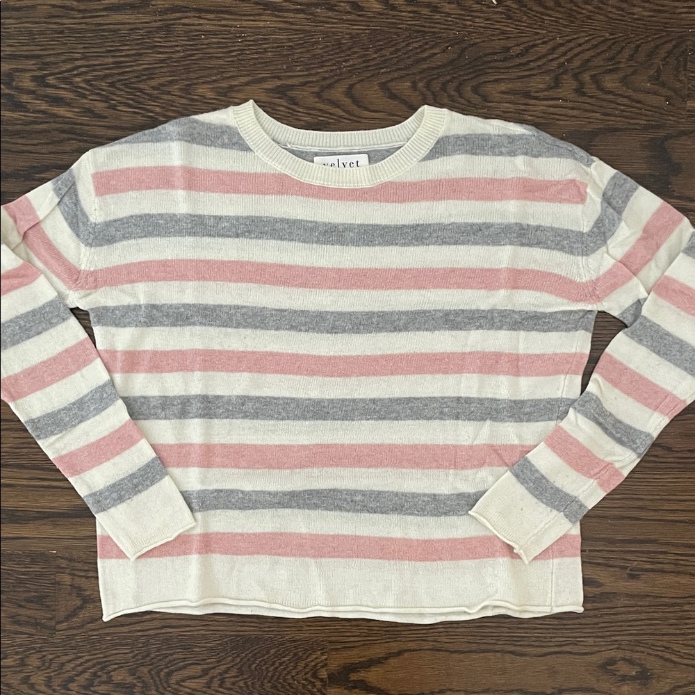 Velvet Cream, Pink, and Gray Striped Sweater